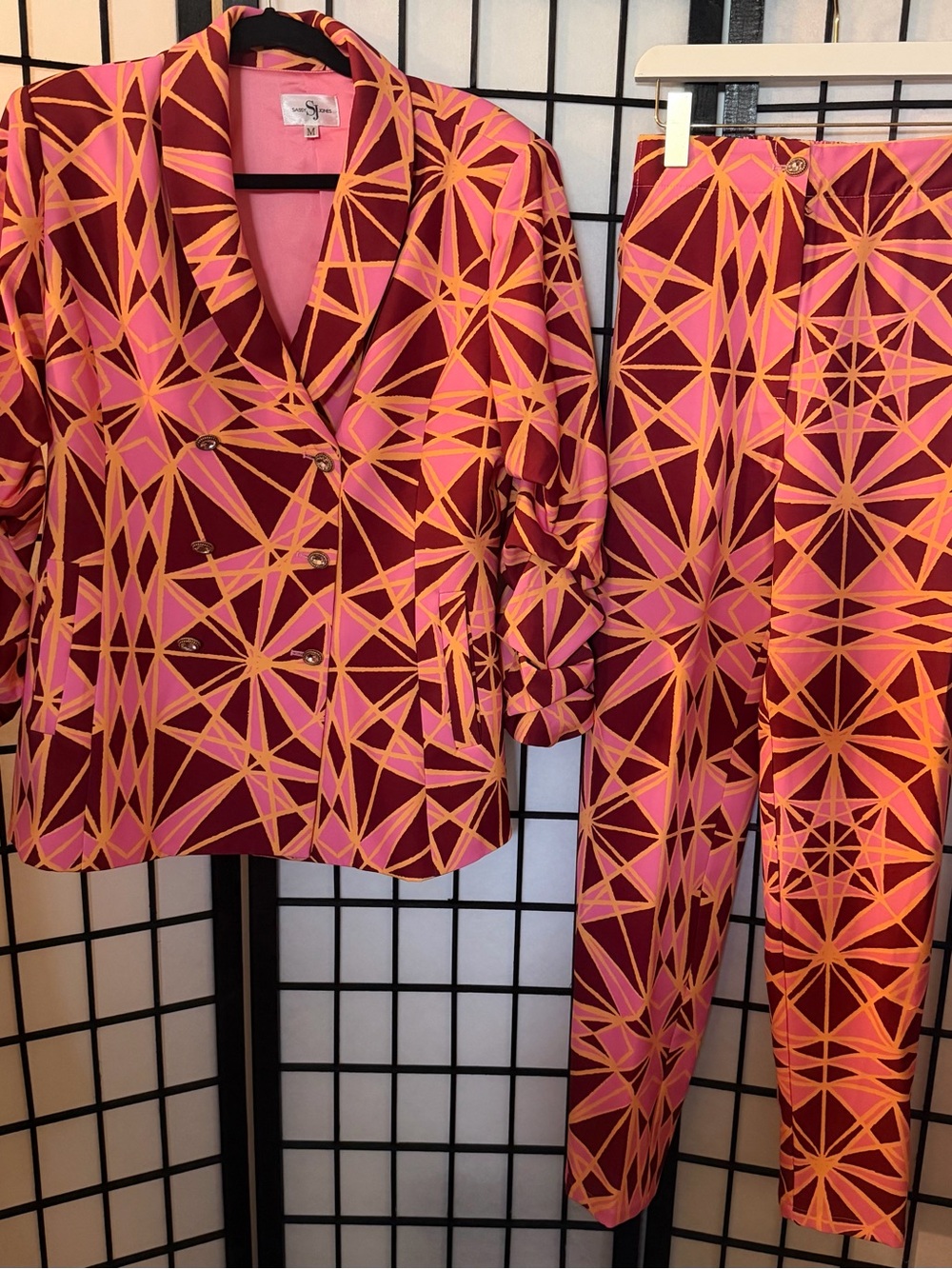 Sassy Jones Pink, Burgundy Geometric Print Pantsuit